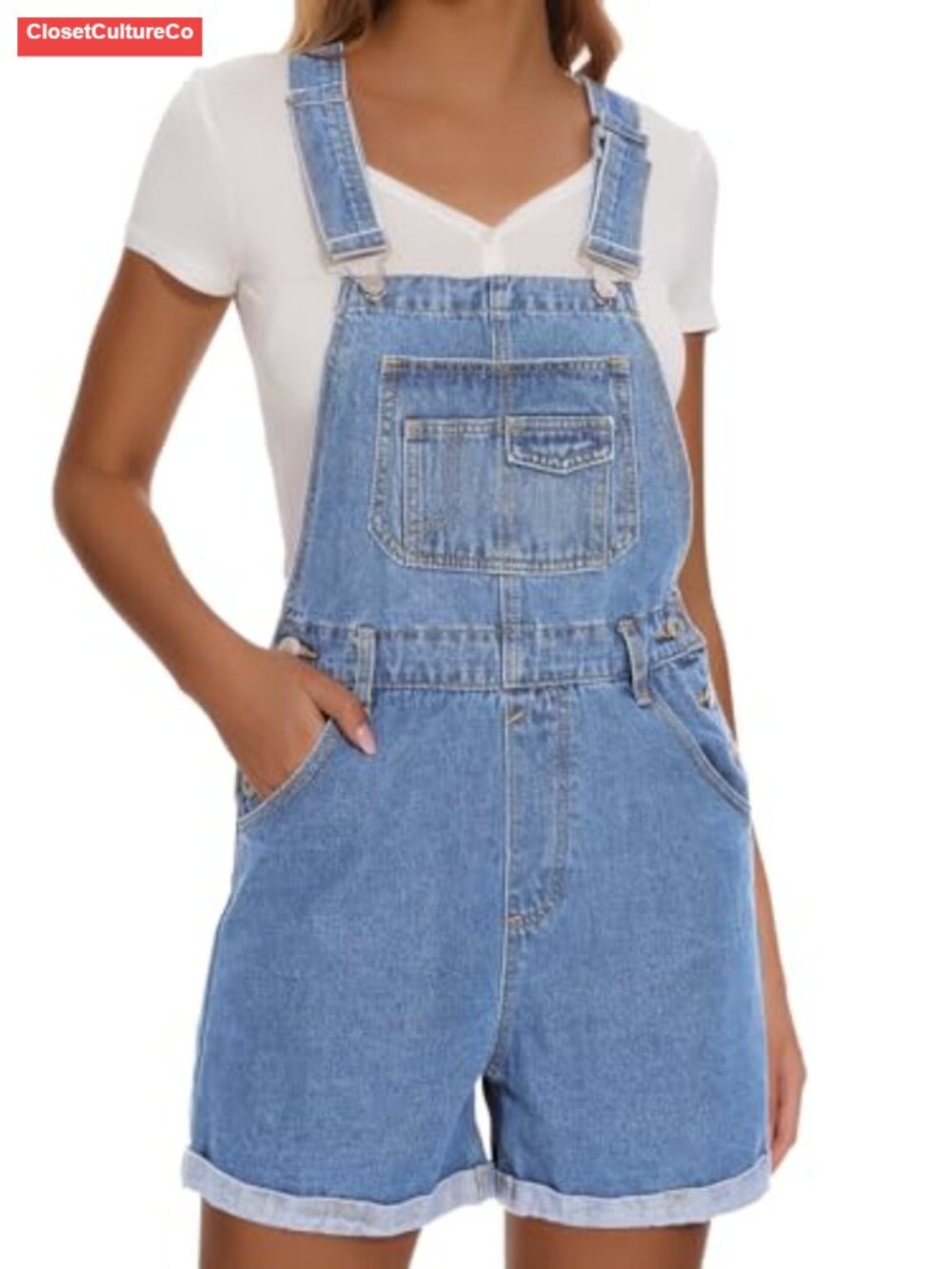 Denim Bib Shortalls Adjustable Straps Frayed Hem Pockets Cotton